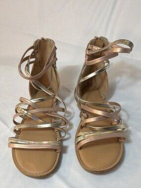Cat & Jack Girls Pink Gold Metallic Strappy Zip Flat Sandals US Size 3